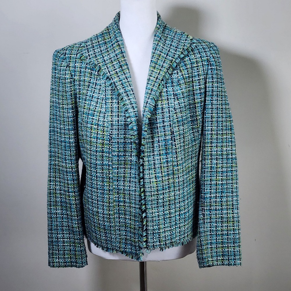 Teal Tweed Blazer Womens 6 P Blue Green Fringed Trim Event Preppy Formal Jacket